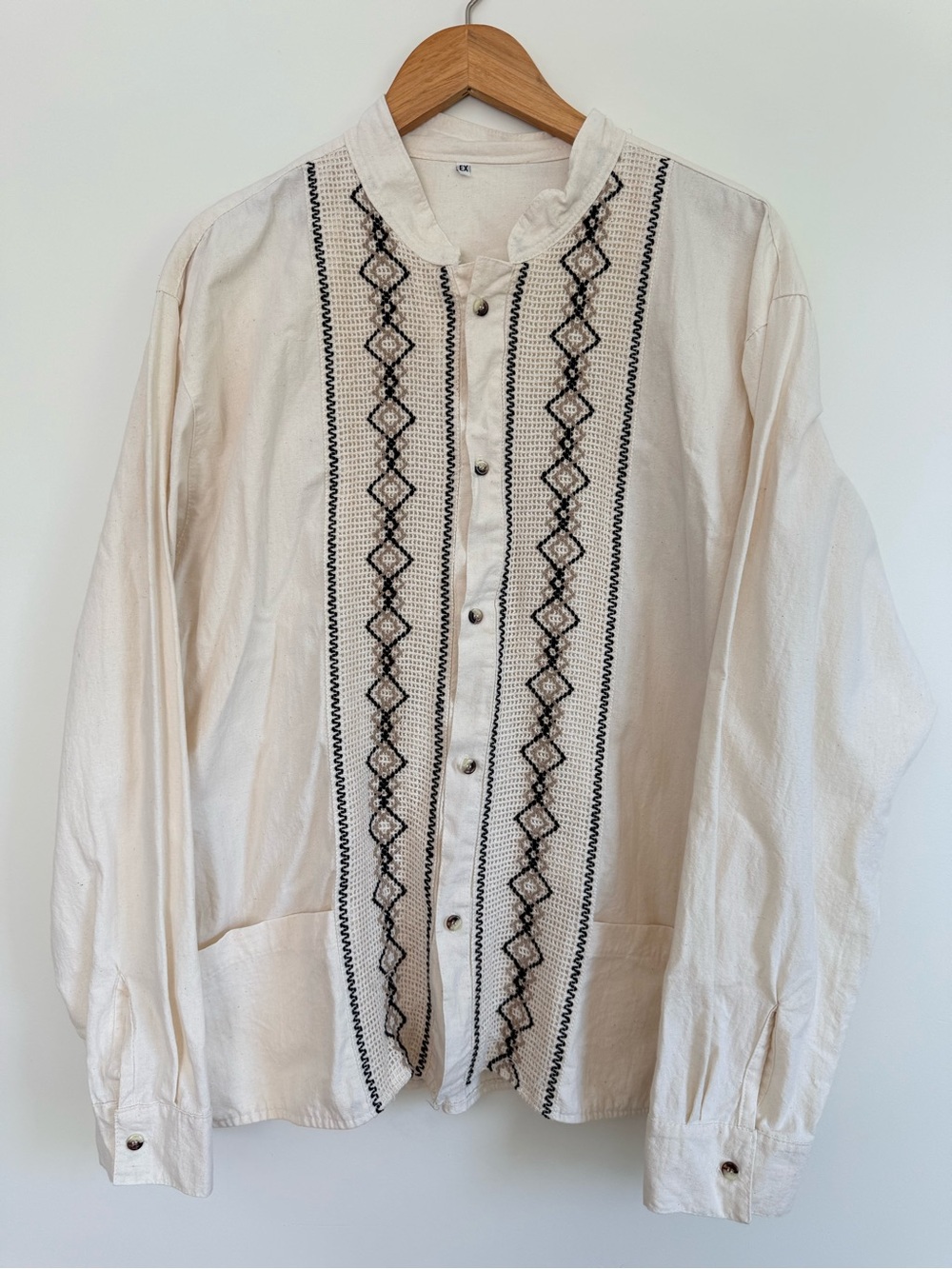 100% Linen Embroidered Boho Button-Up Shirt in Cream Women’s Large Chore Shirt